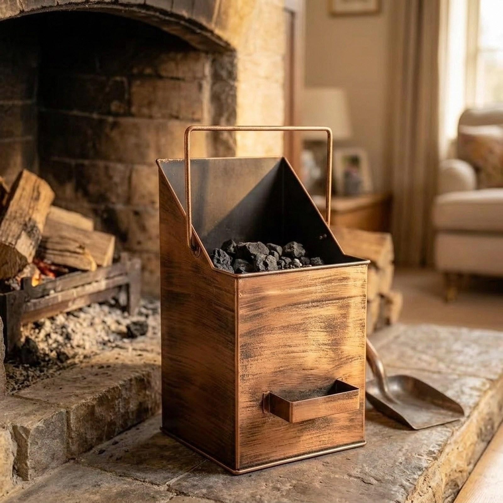 Ascheeimer Ascheeimer mit Deckel Kamin Ascheeimer Aschenträger Eimer Ofenzubehör Aus Eisen mit Schräger Öffnung für Leichtes Schaufeln Und Ausgießen F, Kupfer
