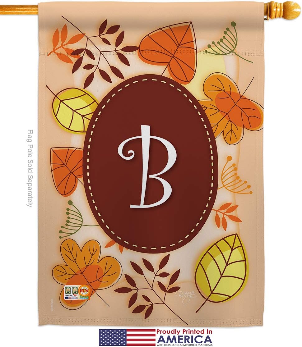 Autumn B Initial House Flag Monogram Falltime Harvest Scarecrow Pumkins Sunflower Leaves Season Autumntime Gathering Small Decorative Gift Yard Banner Made In USA 28 X 40