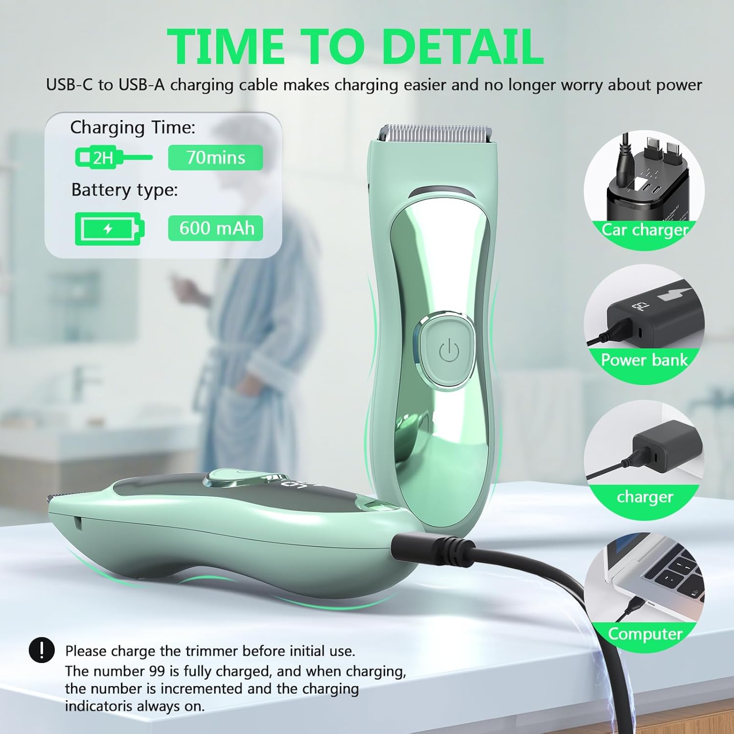 Body Hair Trimmer Shavers for Men, Groin Hair Trimmer with Ceramic Blade, Wet & Dry Use Eelectric Shaver, Waterproof Manscaper with LED Light mnfor Pubic Area, Chest, Legs & Bikini - Image 5