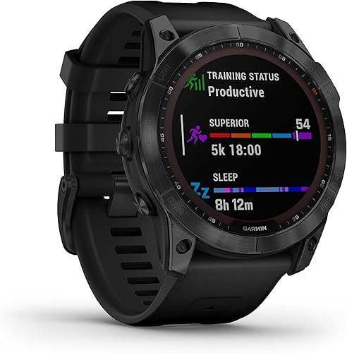 Vista 4 de Garmin Fenix 7X Sapphire Solar Multisport GPS pantalla táctil, color negro DLC titanio con banda negra con paquete de auriculares negros Wearable4U