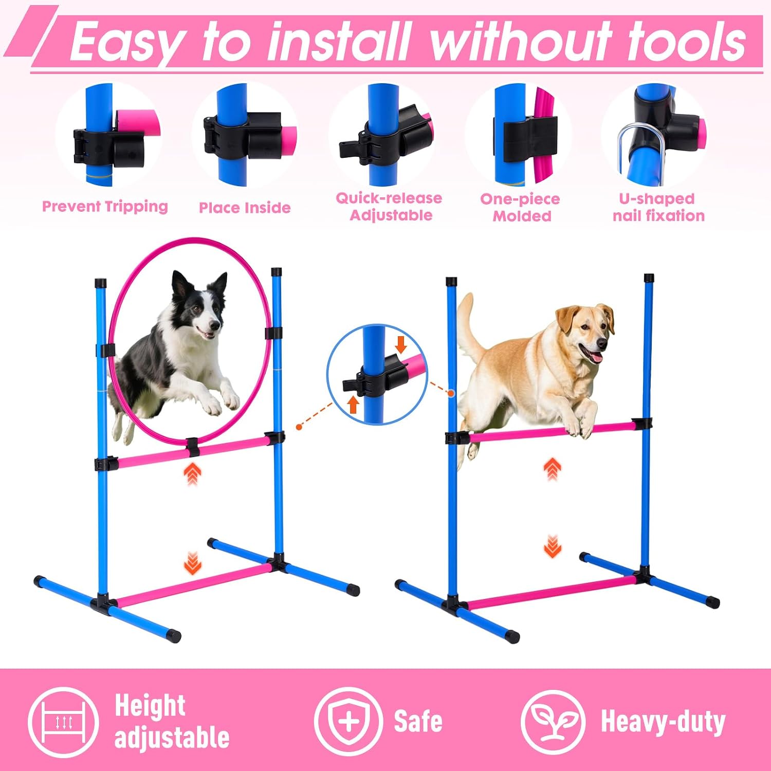 Dog Agility Course Backyard Set, Dog Agility Equipment, Pet obstacle Course Backyard with 6 Dual Mode Weave Poles, 2 Adjustable Hurdle, Jump Ring, Tunnel, Pause Box, Toy Balls and 2 Carrying Bags,Pink