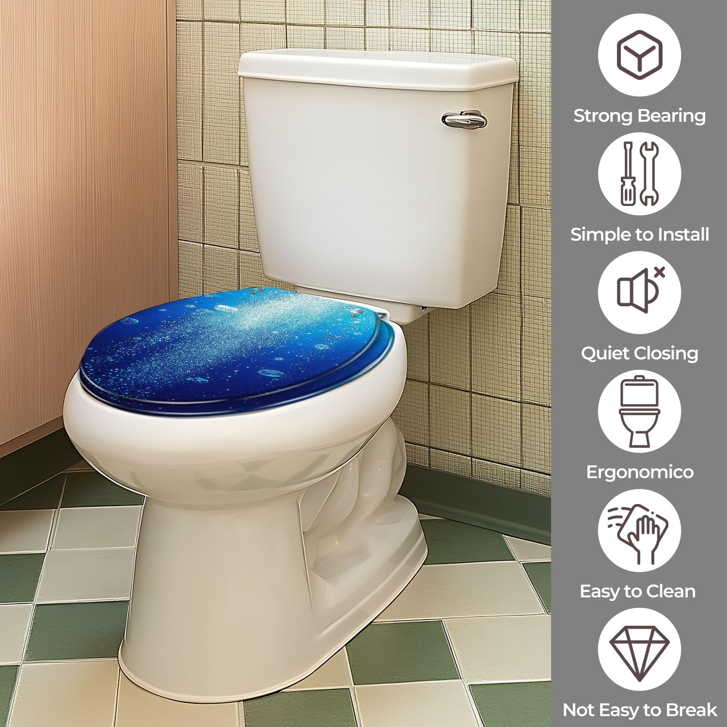 Tapa de asiento de inodoro redonda universal azul de resina impermeable para baño