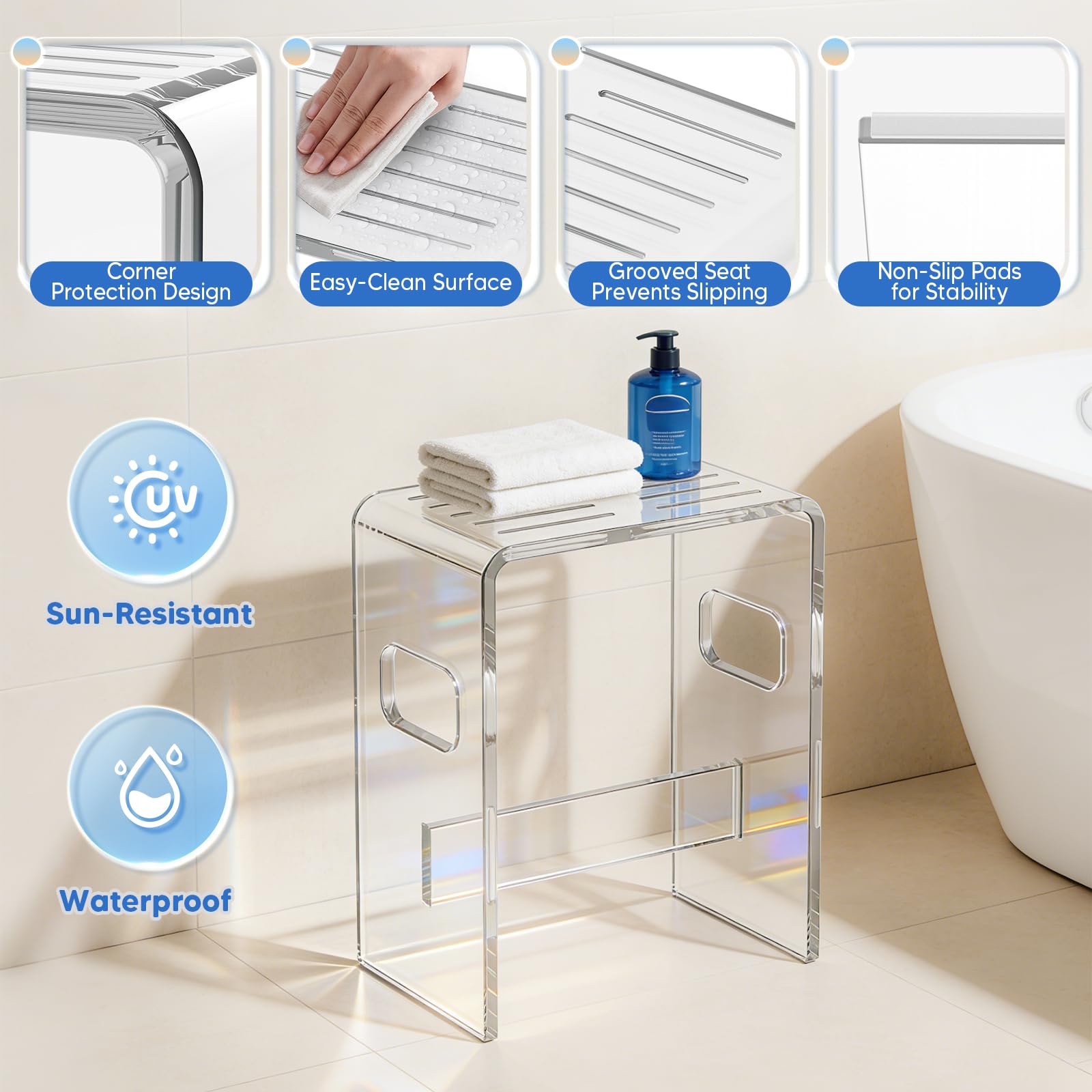 Taburete de Ducha de acrílico Transparente,18 cm de Alto, U con Ranuras de Drenaje,Taburete de baño, Moderno, Transparente, Taburete Transparente para baño y Sauna 35 * 22 * 43cm