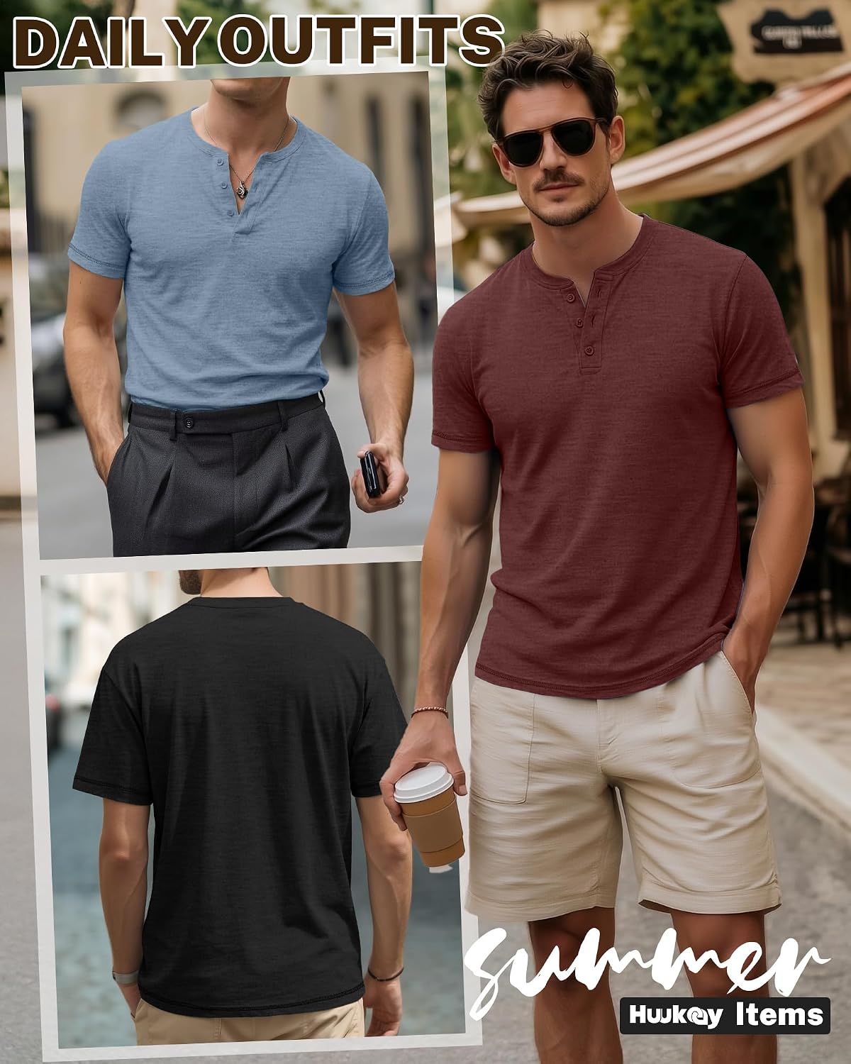 Huukeay 3 Pack Men's Big & Tall Henley Short Sleeve Shirts, Crew Neck Casual Button T-Shirts Summer Basic Tees Tops