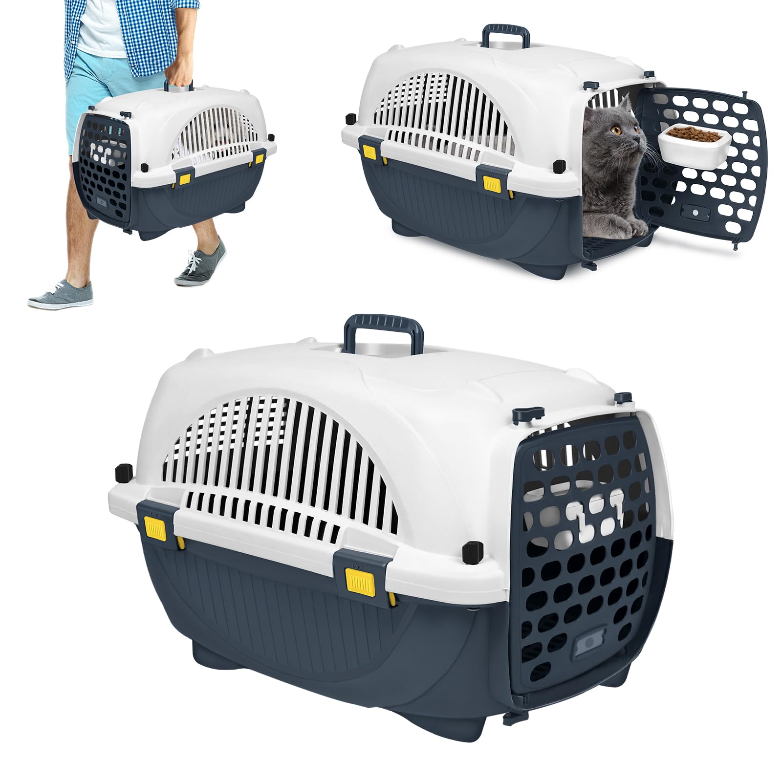 Boîte de transport pour chat - En plastique - Avec gamelle - Jusqu'à 10 kg - 61 x 37 x 37 cm - Gris