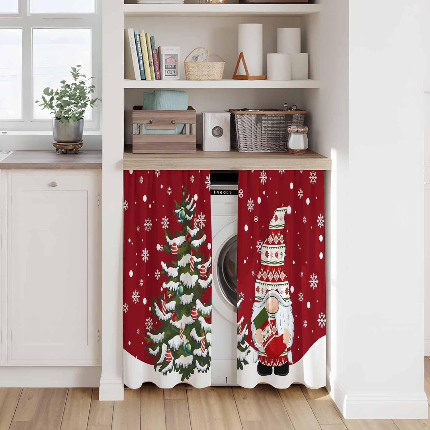 Red Christmas Gnomes Kitchen Curtains 45 Inch Long 2 Panel Set, Rod Pocket Window Treatment, Winter Xmas Snowflakes Holiday Light Filtering Short Curtains & Drapes for Bathroom Laundry 52"W x 45"L