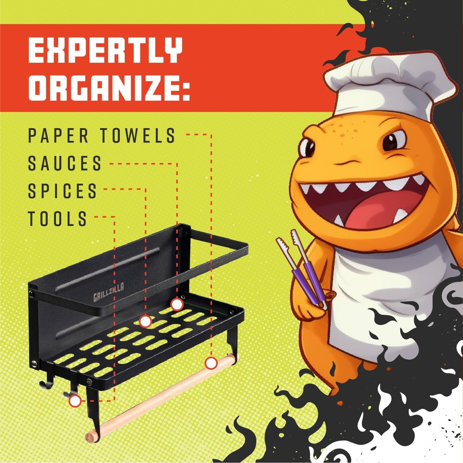 Grillzilla - Grill Armory - magnetyczny pojemnik na grilla - organizer na półki do grilla i uchwyt na narzędzia - mocna półka magnetyczna na grille gazowe, lodówki, piekarniki i wiele innych