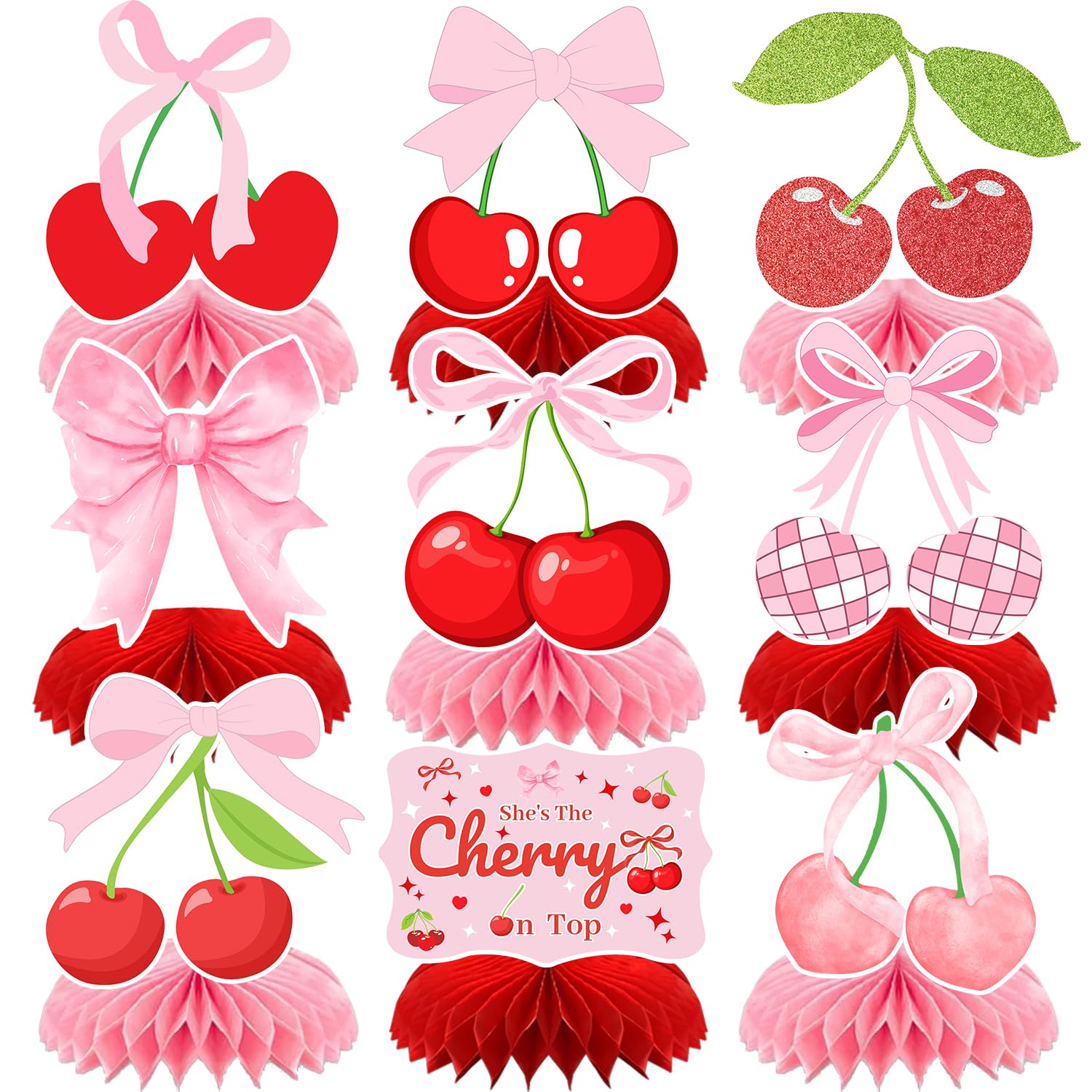 9 PCS Cherry Honeycomb Centerpieces Cherry Birthday Party Decorations Cherry She's The Cherry On Top Table Centerpieces Decorations Summer Fruit Cherry Party Supplies for Bridal Shower Baby Shower