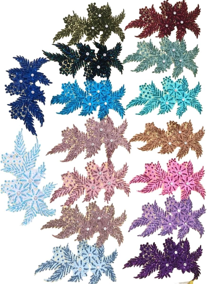4 Pack 3D Flower Sequin Applique with Rhinestone Glitter Beaded Floral Embroidered Patch Fabric Lace Trim for Wedding Bridal Dress Gown Bag Pillow Ornaments (Dark Purple)