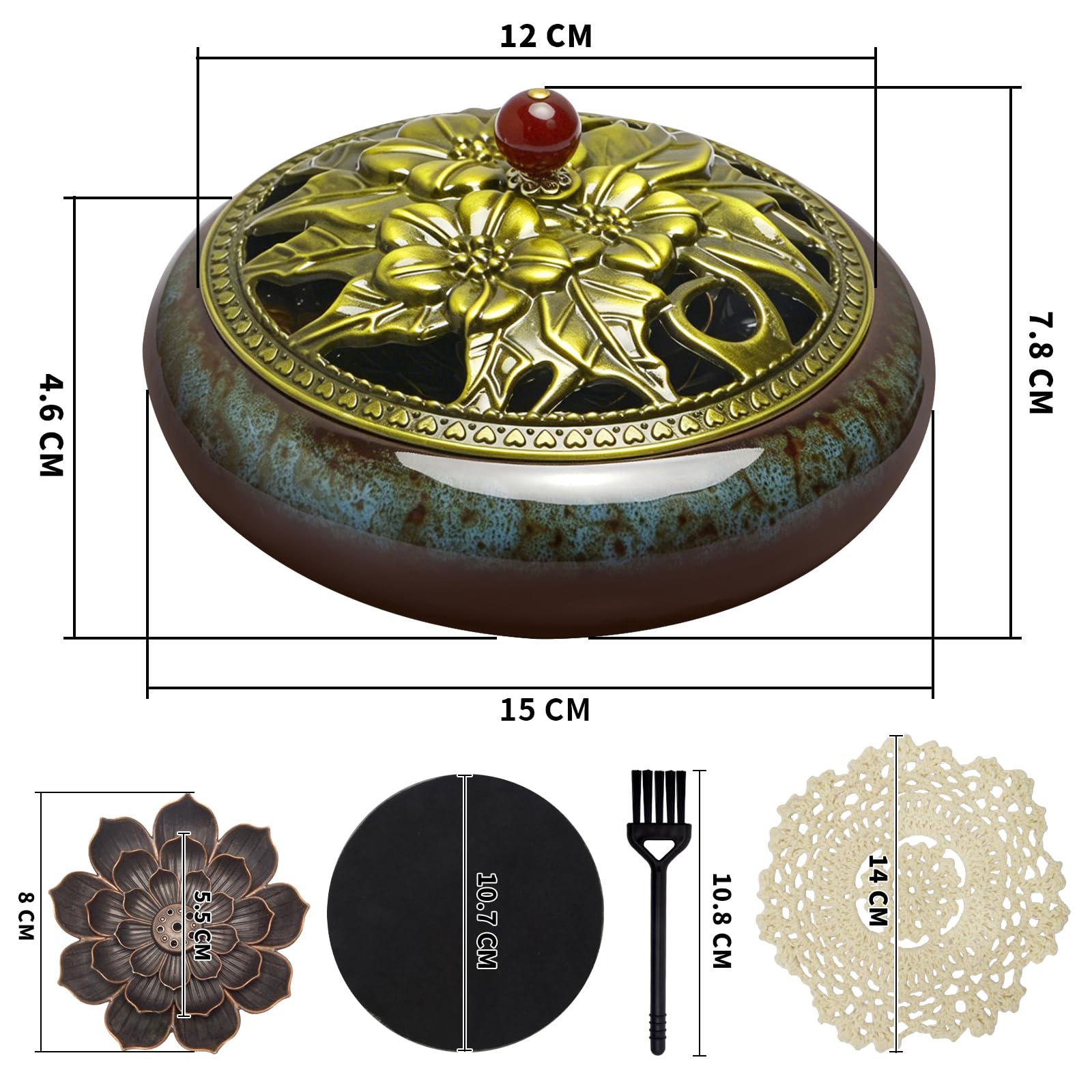 Lermende Bruciatore Incenso in Ceramica: Porta incenso con design loto rimovibile con Bruciatore per Incenso con Pietre dei Chakra e Coperchio in Metallo, Bruciatore per Incenso per La Meditazione.