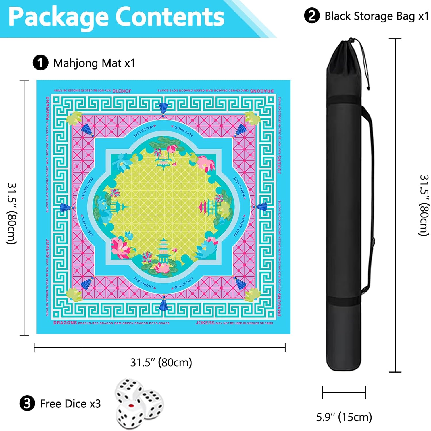Mahjong Mat with Black Carrying Bag, 31.5"x31.5" Waterproof Mahjong Table Mat with 5 Unique Prints, with Natural Rubber Non-Slip Backing, Includes 3 Dice & Travel Bag (Blue Lotus)