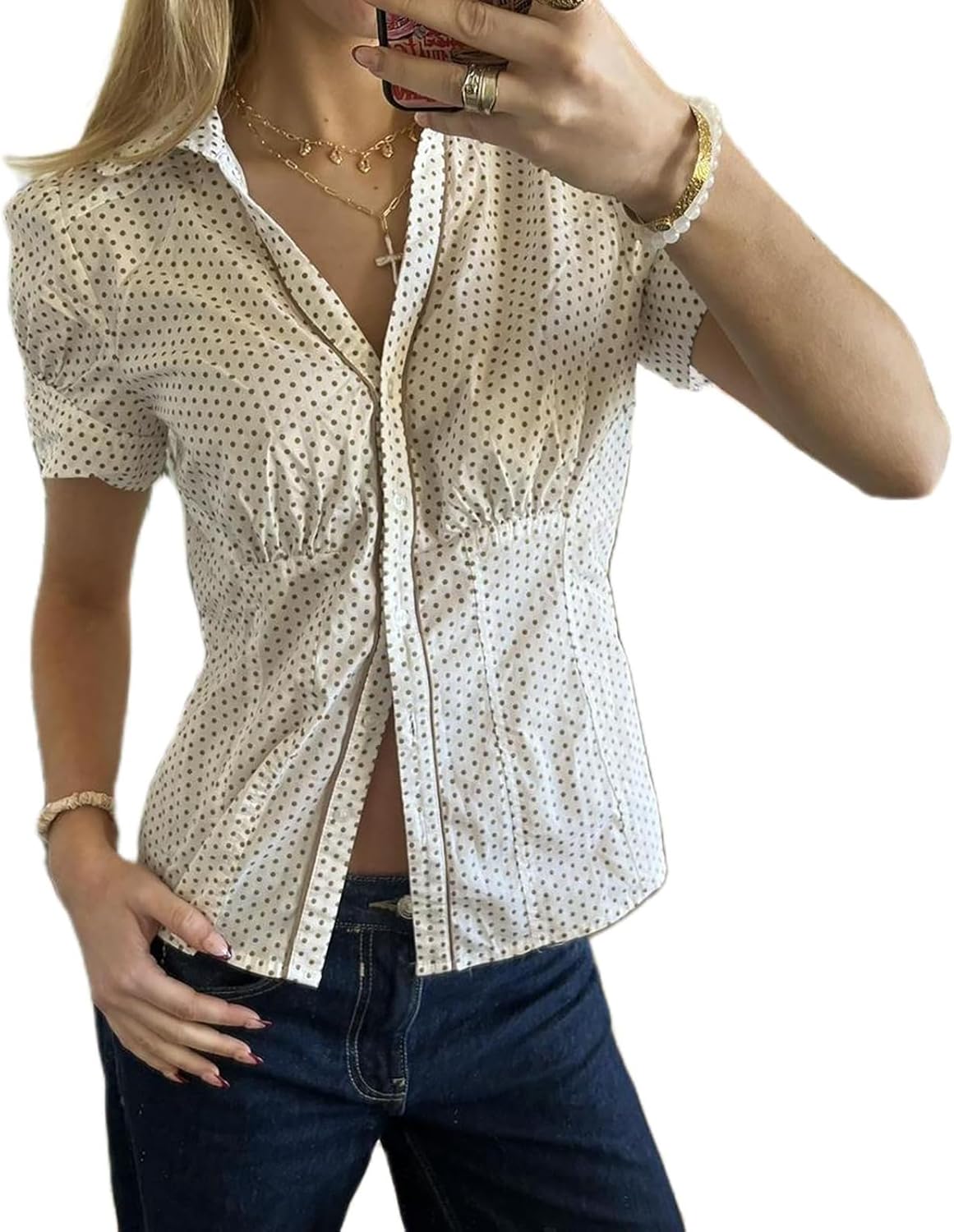 Women's Polka Dots Button Down Shirt Short Cap Sleeve V Neck Cinched Waist Casual Blouse Tops