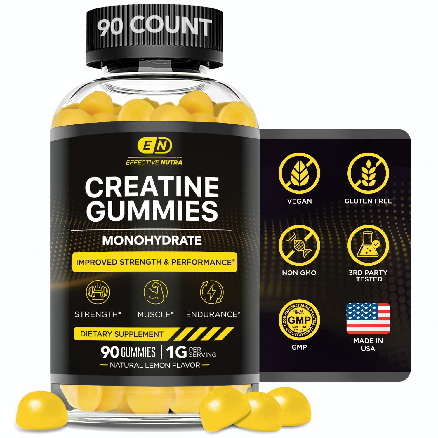 Effective Nutra Creatine Monohydrate Gummies - 1g Creatine per Gummy - Vegan Muscle & Strength Supplement for Men & Women - Supports Muscle Growth, Energy, Endurance - Lemon Flavor, Made in USA (90ct)