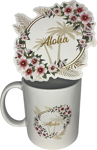Aloha Hawaii - Taza de café de cerámica con diseño de flores tropicales, taza de té, regalo divertido y novedoso, taza de café de 11 onzas con