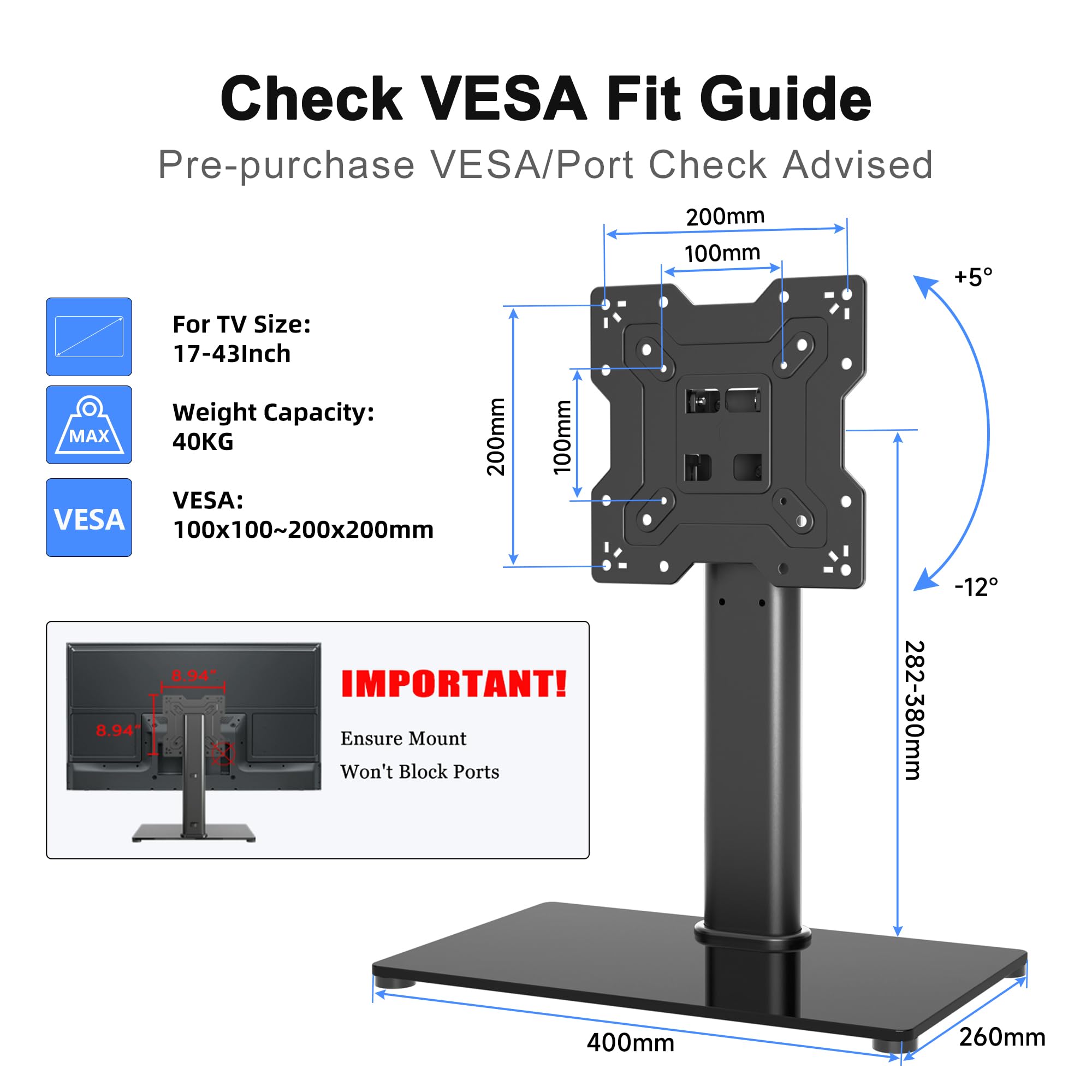 XINLEI Supporto per TV Universale, Supporto da Tavolo per TV LCD/LED da 17-43 Pollici Fino a 88 libbre, Supporto per Monitor Regolabile in Altezza con Base in Vetro Temperato VESA 200x200mm, TS103