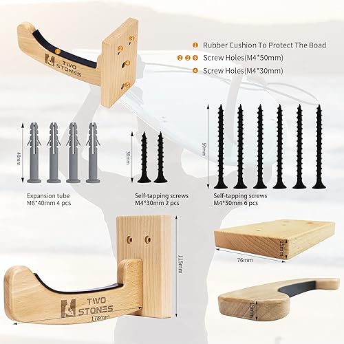 Miniatura 2 de TWO STONES Estantes para tablas de surf para la pared, colgador de tablas de surf funciona como una tabla corta, skimboard y longboard o soporte