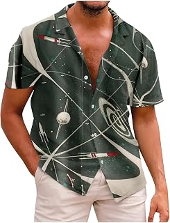 RebeSco Thin Seaside T Shirt Men Lapel Long Buttons Tops Tropical Print Baggy Casual Summer Cool Short Sleeve T-Shirt Mens