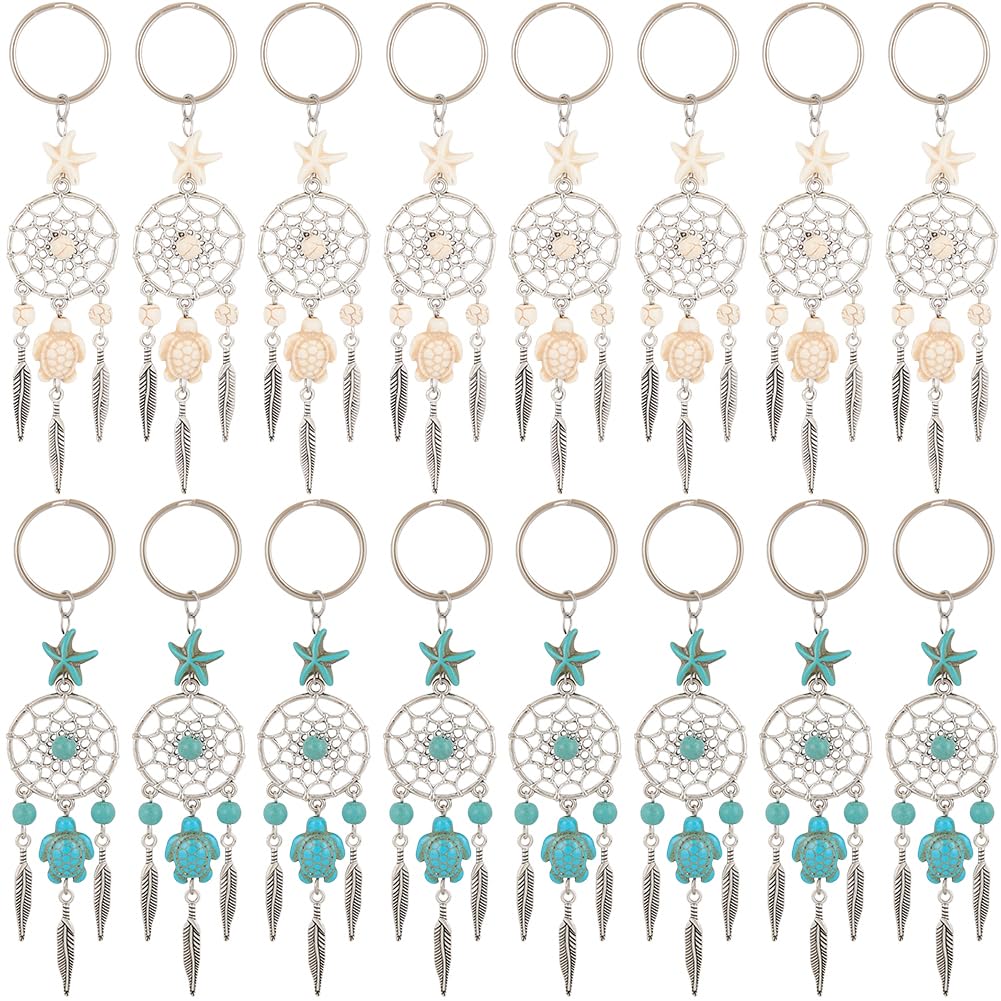 CRASPIRE 1 Box 16Pcs Dream Catcher Keychains Dream Keychain Bulk Alloy Dreamcatcher Synthetic Turquoise Sea Turtle Starfish Lucky Charm Key Chains for DIY Carkey Keychain Party Inspirational Gift