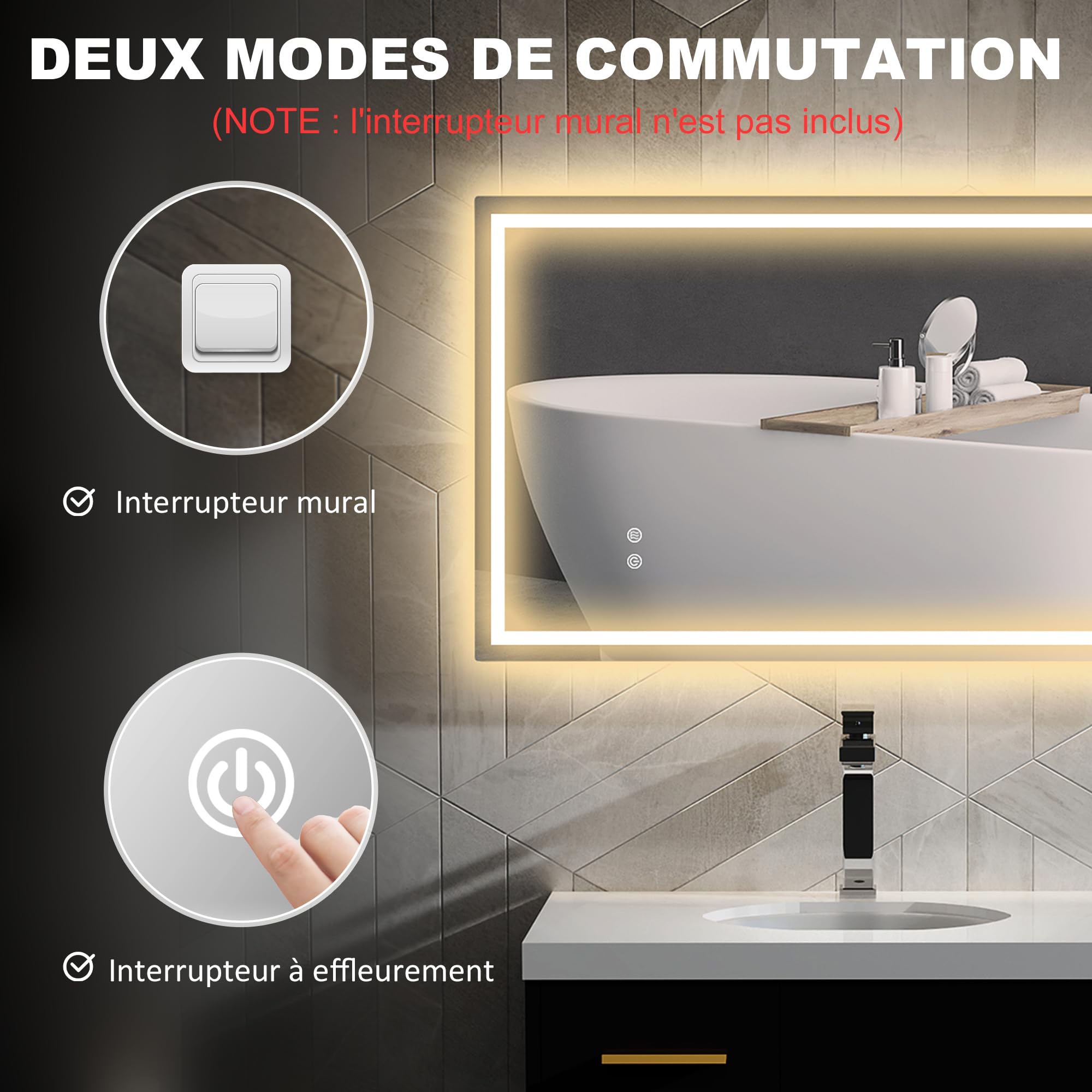 HOMCOM Miroir Salle de Bain éclairage LED 100 x 60 cm Lumineux Mural IP44 | Interrupteur Tactile, Lumière Réglable 3 Couleurs, Anti-Buée, Mémoire