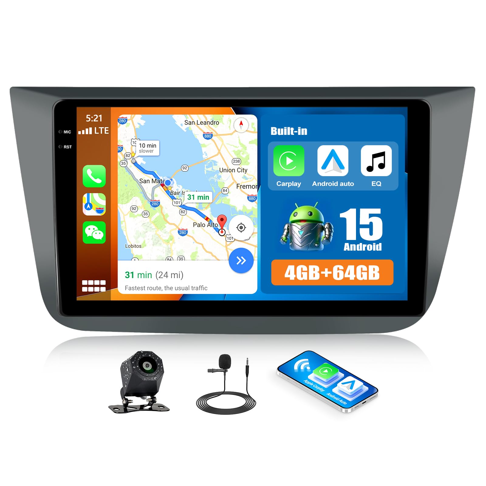CAMECHO [4+64 GB] odtwarzacz samochodowy z Androidem 15 dla VW Seat Altea (2004–2016) z bezprzewodowym CarPlay i Android Auto ekran 9″ INCELL 1280×720 GPS nawigacja WiFi Bluetooth