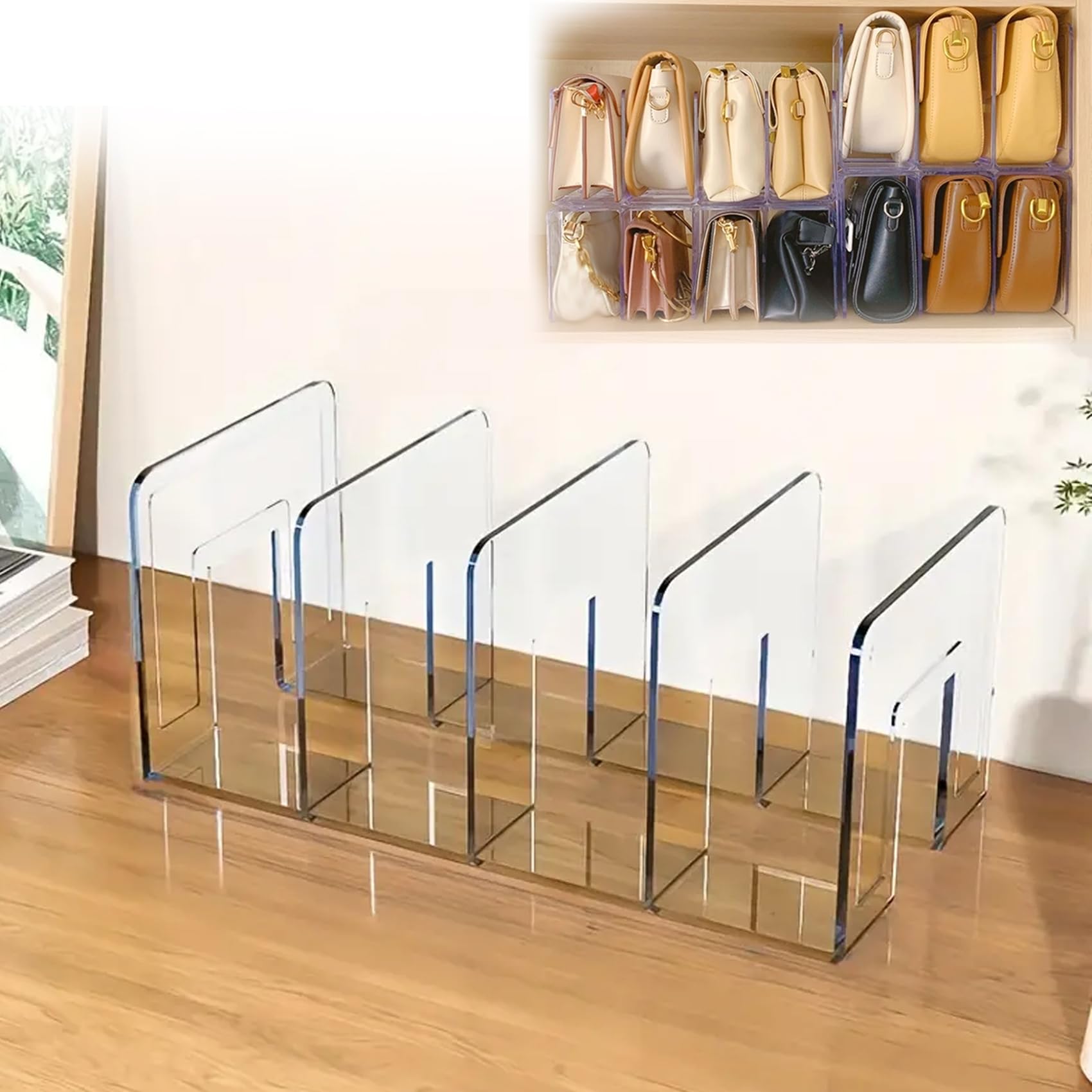 1pc Clear Closet Bag Storage Dividers Rack, Detachable Cupboard Shelf, 2024 New Clear Shelf Dividers, Acrylic Dividers for Shelves, Purse Storage Organizer for Closet, Bathroom, Office, Book (A)