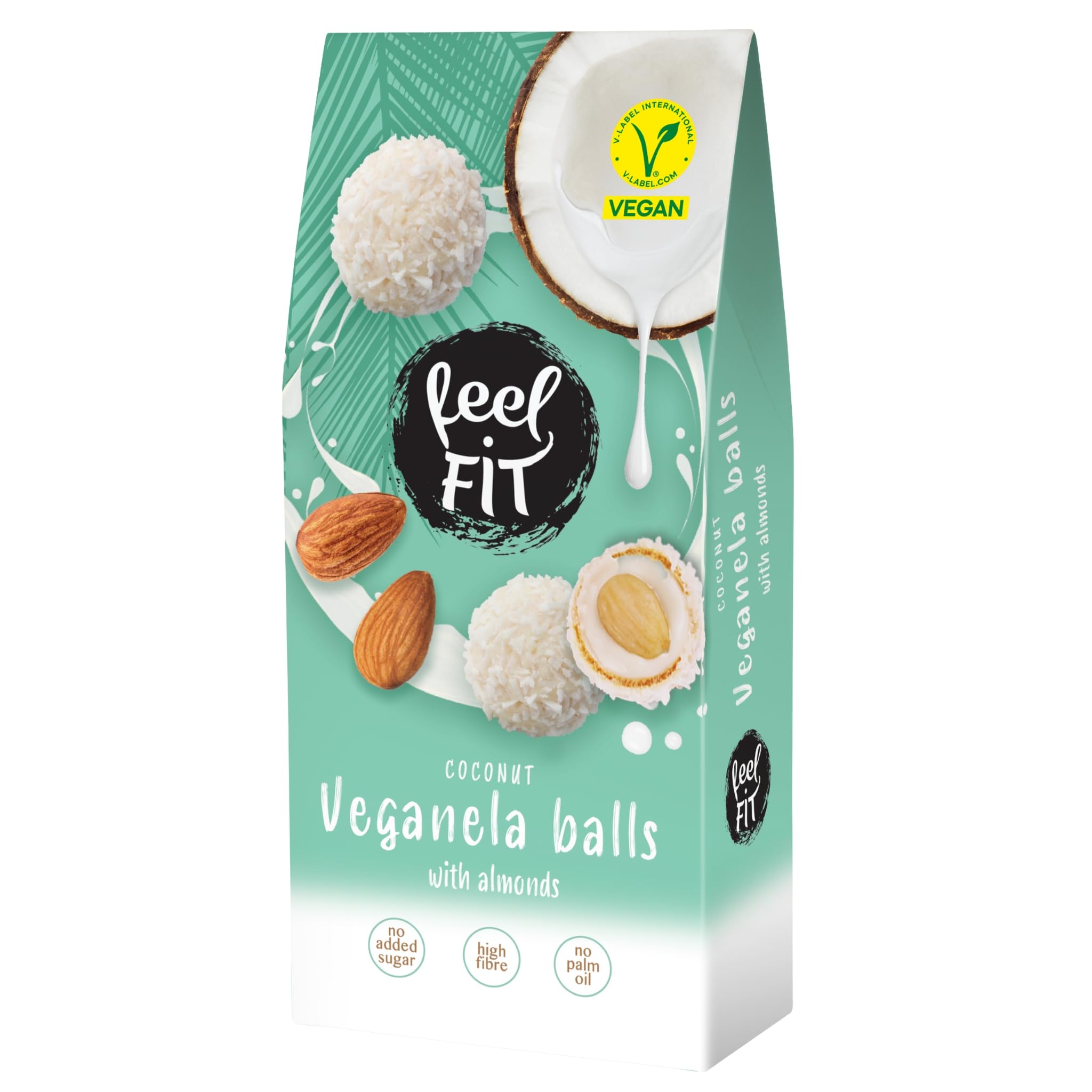 Feel FIT Veganela Balls, vegane Kokosnusspralinen mit ganzen Mandeln im Inneren und Kokosmilchcreme, ohne Zuckerzusatz, ohne Palmöl (6 x 63 g)