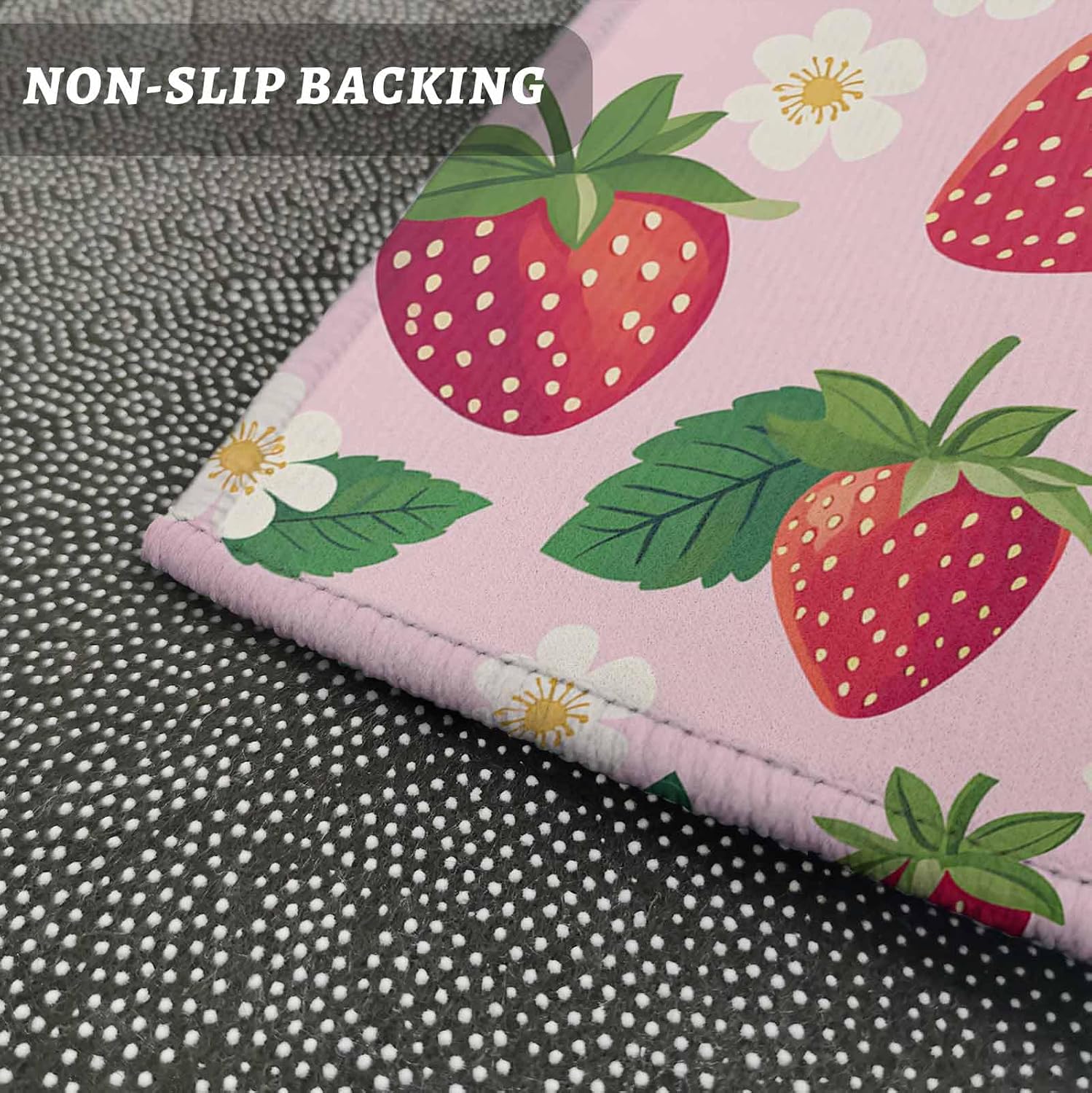 Teamery Kitchen Mats for Floor Summer Red Strawberry on Pink Washable Non Slip Kitchen Rugs 1PCS, Watercolor Flower Absorbent Standing Mats for Sink Bathroom Office Living Room 15.7x47.2in