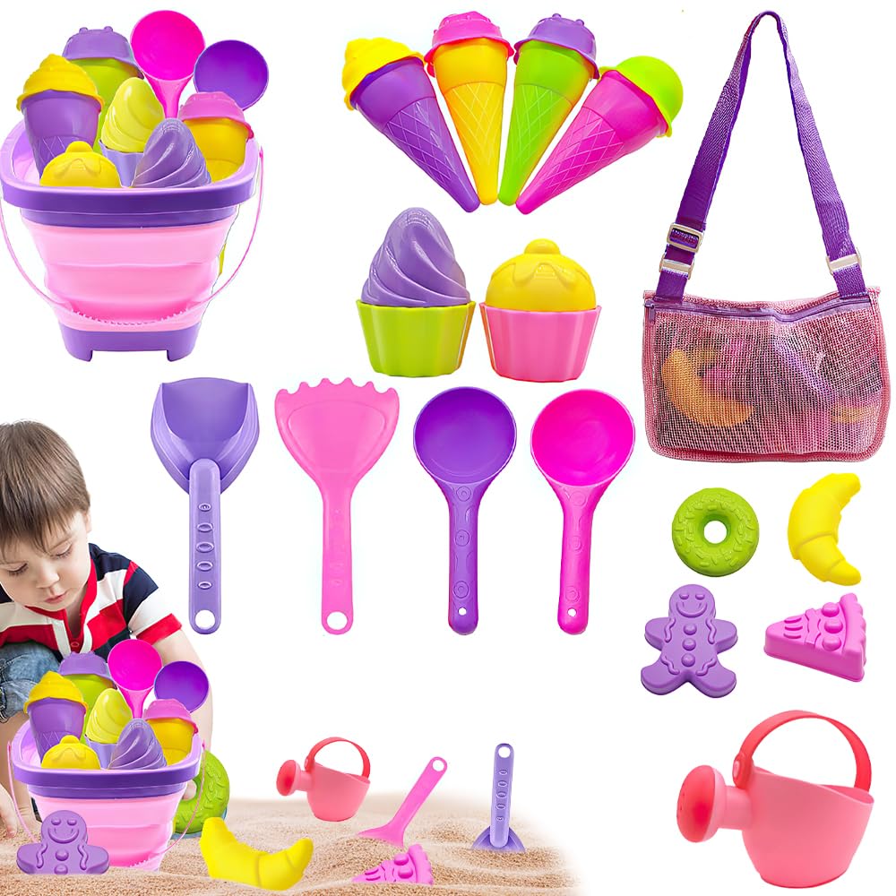 Hojalis Juguetes de Playa para Niños, 17 Pcs Juguetes Playa con Cubo Playa Plegable, Cubo de Playa para Niños, Juguetes Arena, Juguetes Playa Bebes 1 Año, Bolsa Juguetes Playa Malla