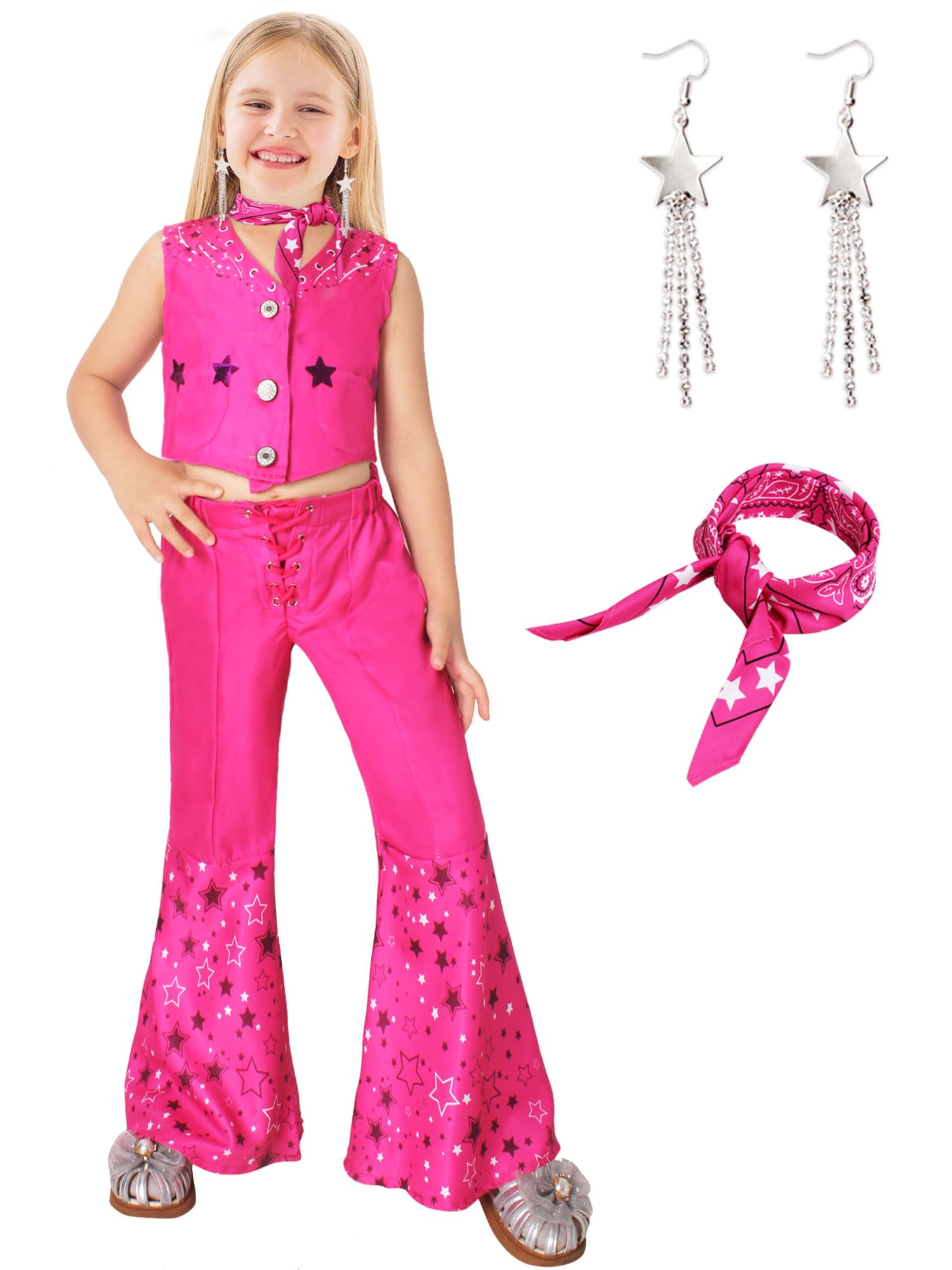 WISHTENPink Cowgirl Costume for Girls,70s 80s Hippie Disco Outfits for Kids, Halloween Cosplay Costume with Accessories