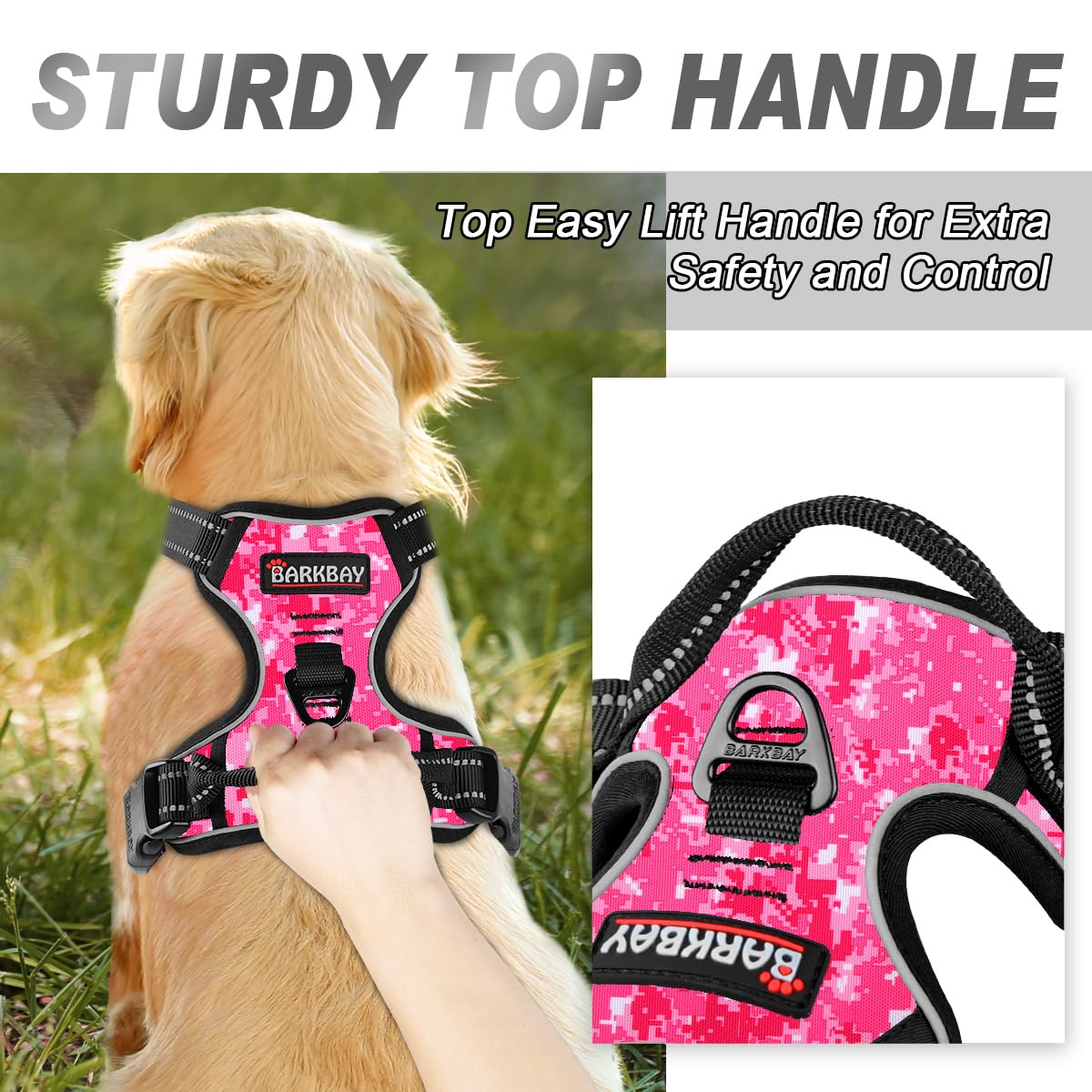 BARKBAY No Pull Dog Harness Front Clip Heavy Duty Reflective Easy Control Handle for Large Dog Walking(Pink camo,M) - Image 3