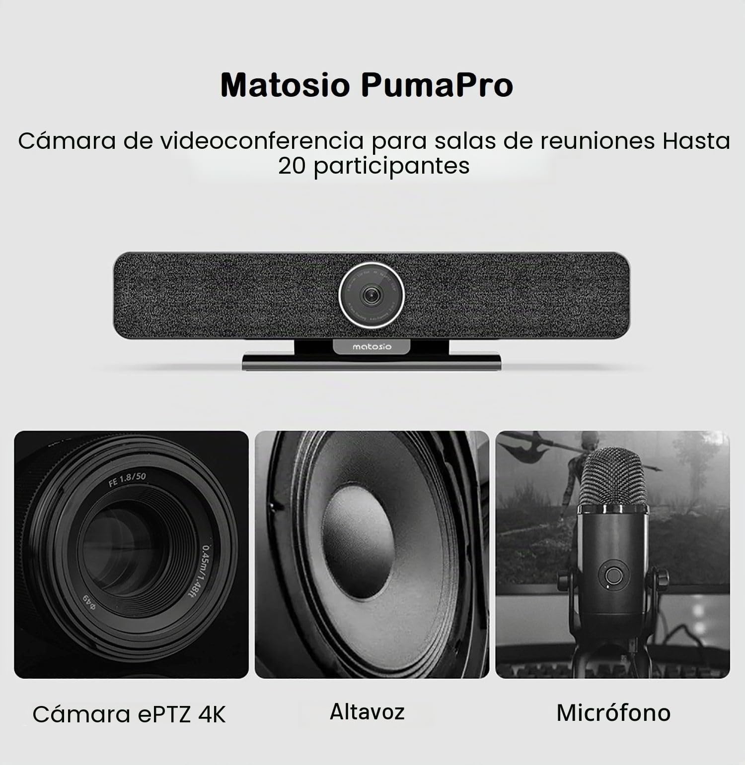 PumaPro Cámara de videoconferencia 4K, Campo de visión Amplio de 120°, Altavoz y micrófono para conferencias, con Control Remoto, para Salas de reuniones de hasta 20 Personas