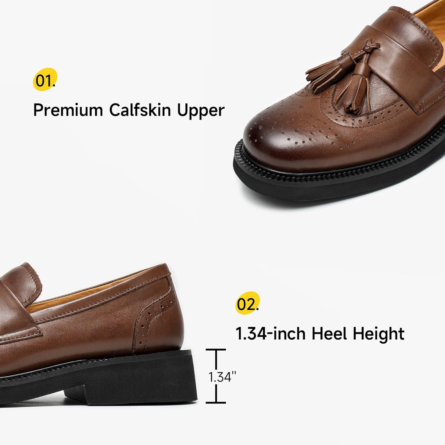 BEAU TODAY Tassel Loafers for Women, Genuine Leather Loafers, Brogue Wingtips Dress Shoes for Women, Breathable Slip-on Dress Flat Shoes for Business Work Casual - Image 3