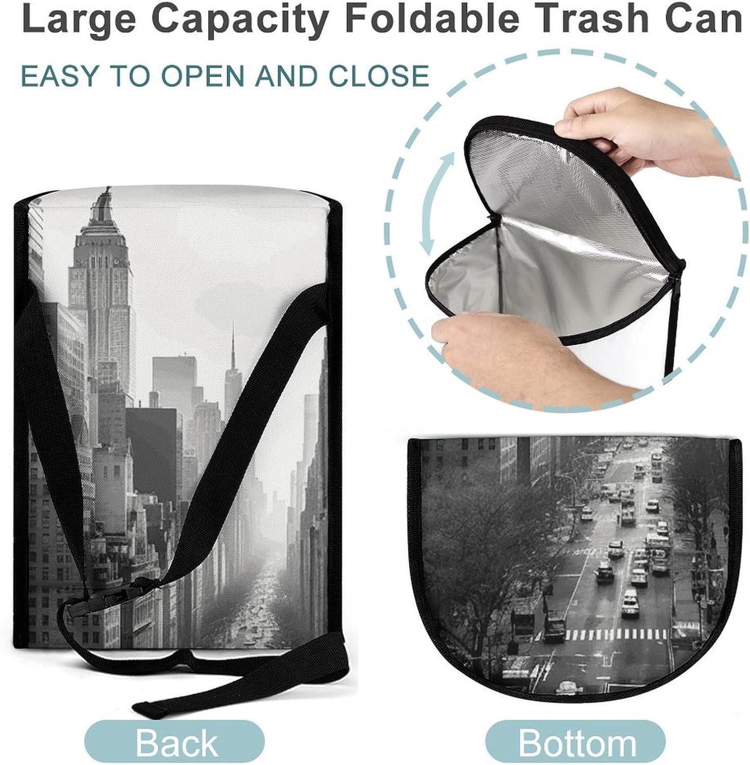 Hanging Car Trash Bag Black And White New York Printed Car Garbage Storage Bag Leakproof Car Trash Can Portable Garbage Storage Bags
