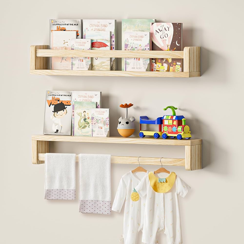 Nursery Book Shelves Set of 2, 23.6inch Floating Wall Bookshelf for Kids Room, Natural Solid Wood Book Shelf for Baby Nursery Room, Wall Shelves for Bedroom Decor, Toy Storage Shelves