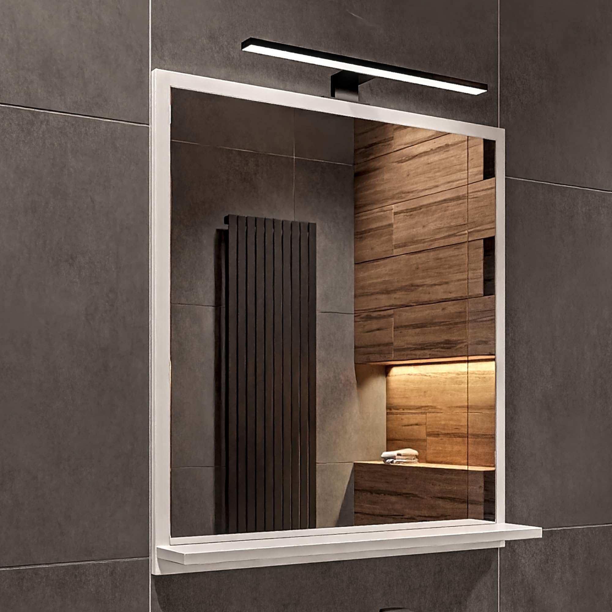 Espejo de Baño con Luz LED 60x70 cm Blanco Espejo de Pared con Estante Luz Neutra 4000K Carcasa Negra