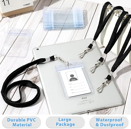 Miniatura 5 de Marspark 100 juegos de cordón transparente con soporte para identificación, cordón plano a granel con insignia retráctil, de plástico, impermeable