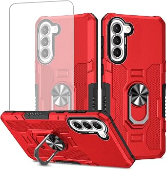 Case for Galaxy S21 Plus 5G Case, Samsung S21 Plus SM-G996U Case with Tempered Glass Screen Protector, Heavy Duty Metal Ring Magnetic Kickstand Phone Cover for Samsung Galaxy S21 Plus Red