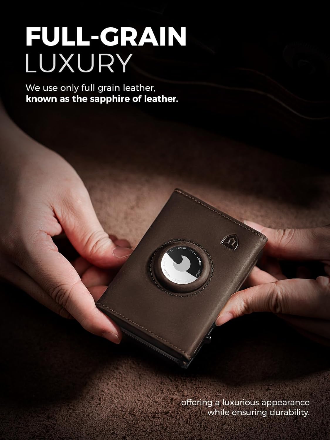 LORZOR AirTag Wallet - Full Grain Leather, Mens Minimalist Wallet with Apple Air Tag Holder, Slim Smart Pop up Card Case, ID Window, RFID Blocking, Front Pocket (AirTag Not Included) - Image 3