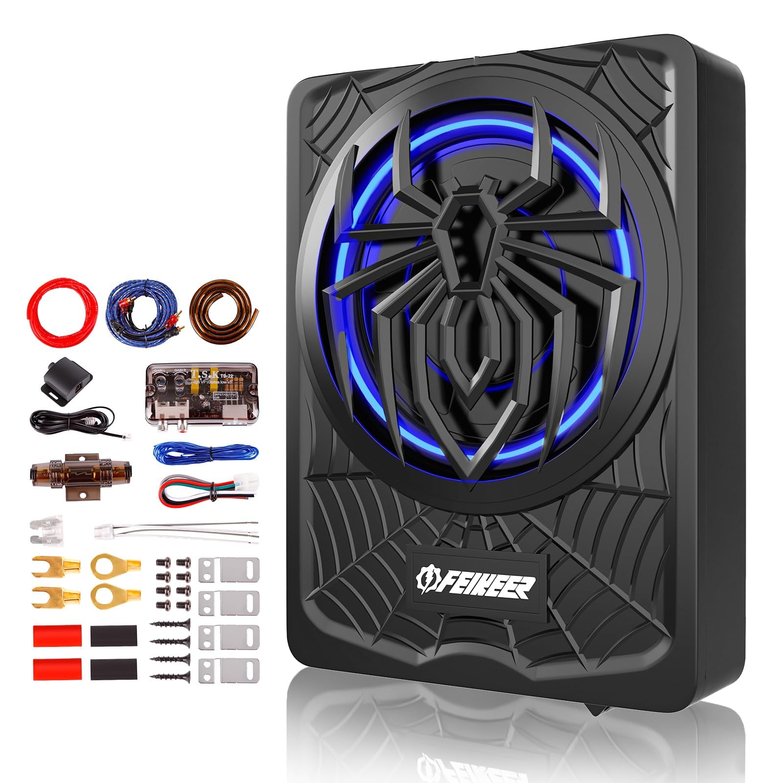 Feikeer 10 1200W Under Seat Subwoofers with Amp,Slim Underseat Car Subwoofer and Amp Package, Individual Control for Low Pass/Gain/Boost Bass.Deep Bass Perfect for Truck/SUV/Jeep/MPV,Blue LED