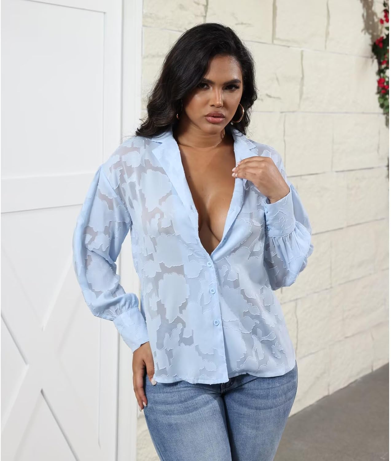 acelyn Womens V Neck Long Sleeve Chiffon Blouse See Through Button Down Jacquard Shirt Casual Business Dressy Work Tops - Image 3