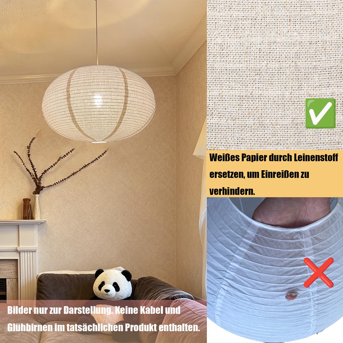 Leinen-Lampenschirm, oval, hängend, Kronleuchter, Lampenschirm, 50 cm, kann Lampenschirm aus Papier ersetzen, minimalistischer Stil, Boho-Stil, Leinen, für Schlafzimmer, Wohnzimmer, Flur, Dekoration