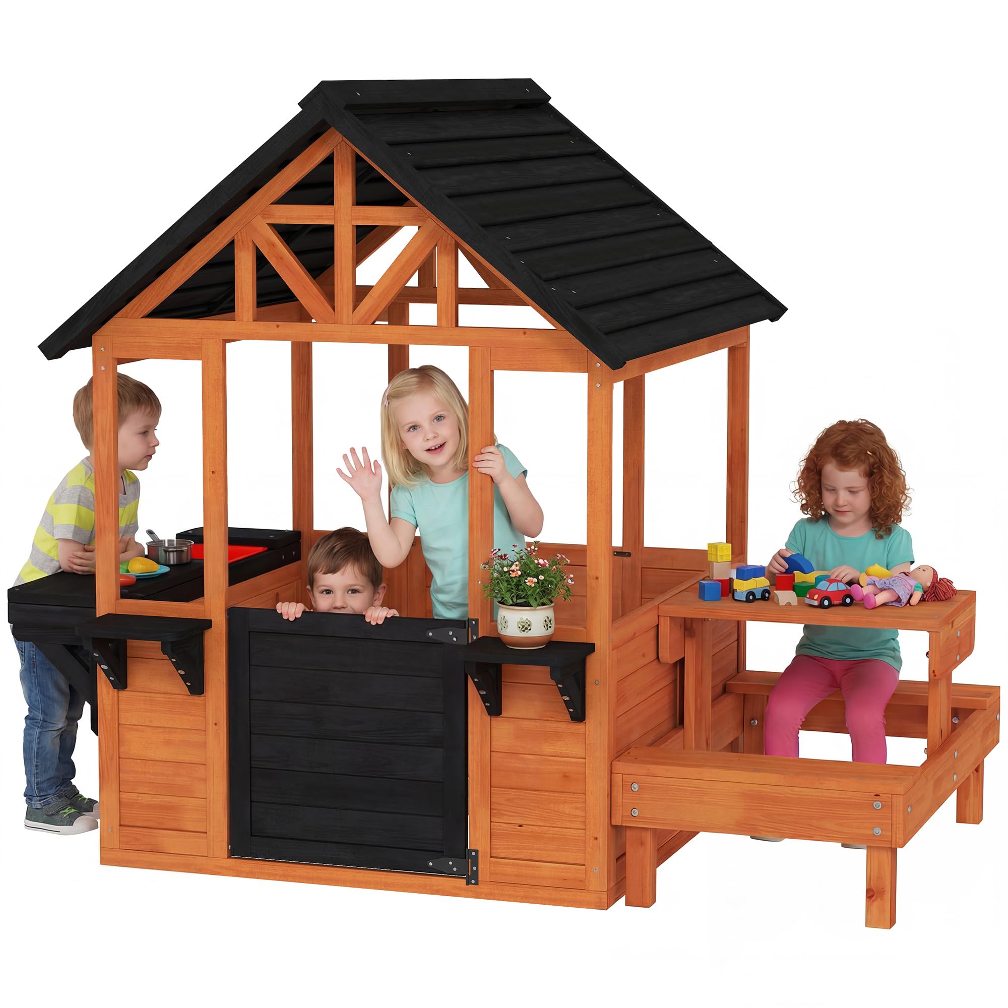 AIYAPLAY Casita Infantil Exterior e Interior de Madera, Casita Infantil con Barra de Snack, Mesa de Picnic y Bancos, Fregadero, Maceteros, Ventanas, Cocina Juguetes para Niños 3-8 Años, Marrón Claro