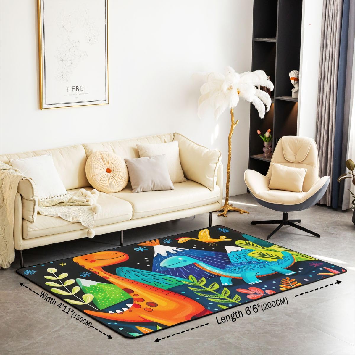 Tapis Salon 150x200cm Dinosaures Tapis D Intérieur Prehistoric Antidérapant Doux Lavable Mignon Dessin Animé Dino pour Salon Chambre Animaux Sauvages Salle À Manger Cuisine Vert Plantes