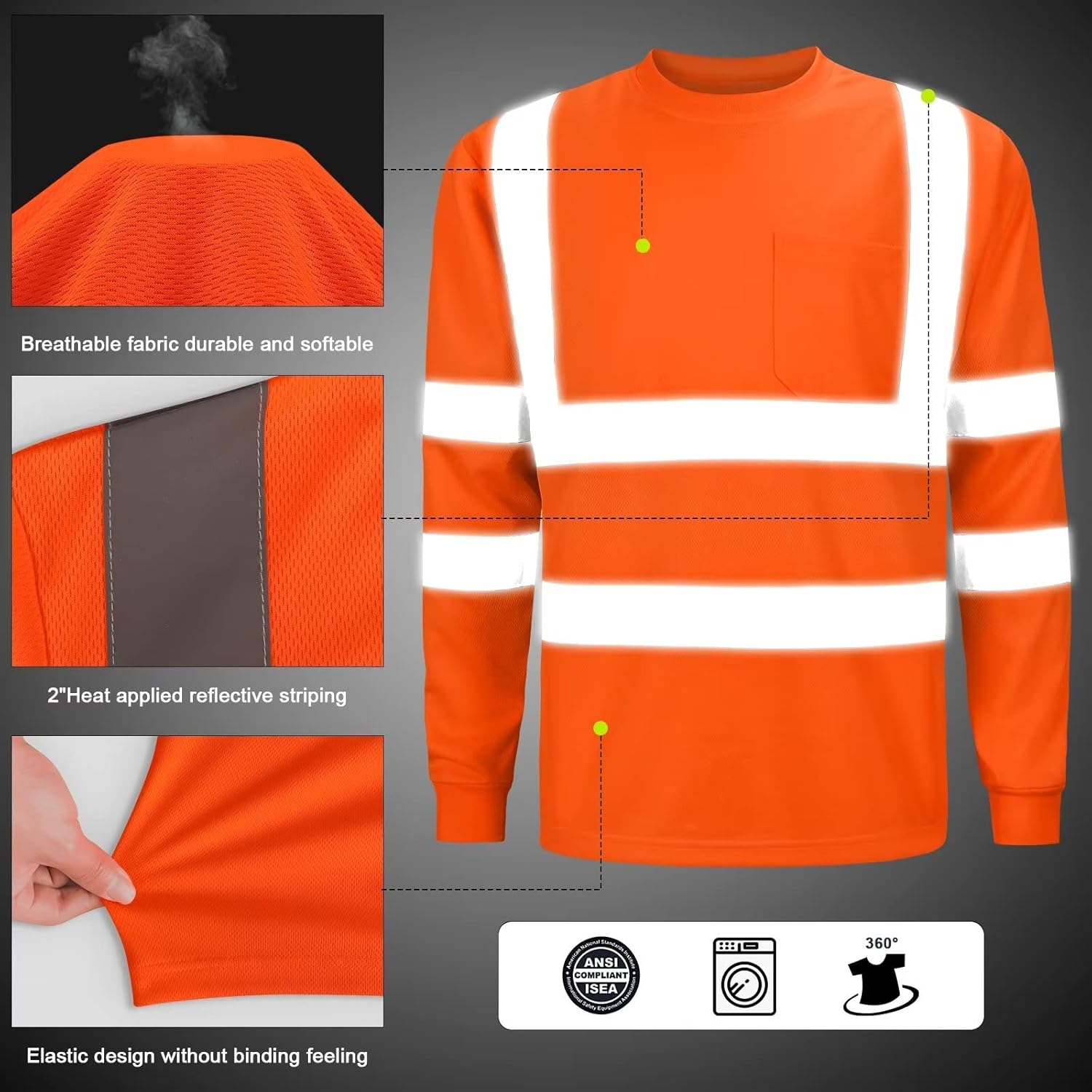 High Visibility Class 3 T Shirts,Hi Vis Safety Shirts with Reflective Strips and Pocket, Long Sleeve Quick Dry Mesh Construction Work Shirt for Men/Women Orange,4XL - Image 2