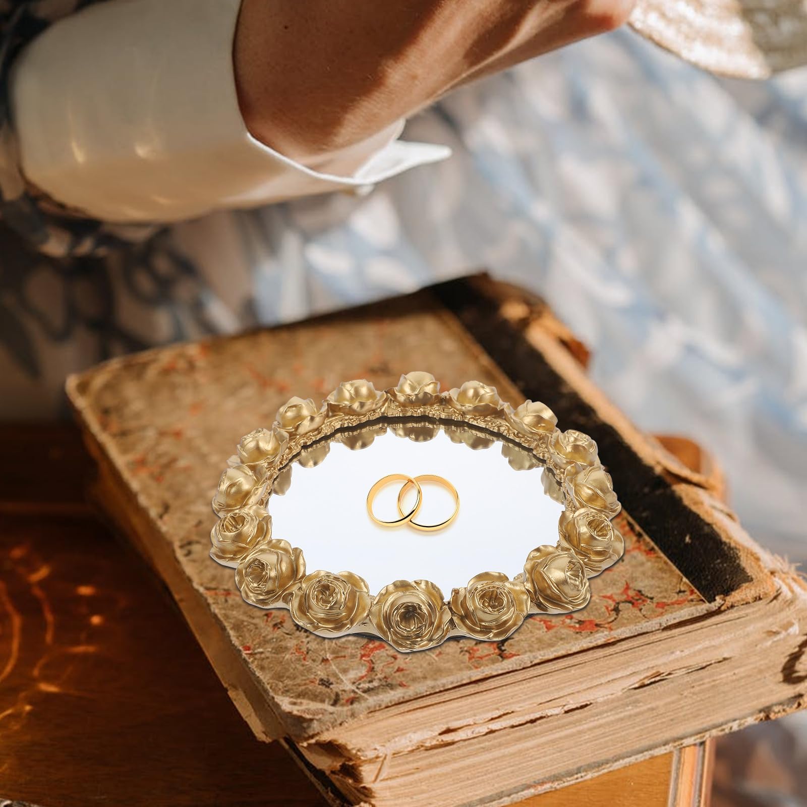Vassoio Specchio Oro per Profumi e Gioielli, Vassoio in Resina Decorazione a Rose per Dessert o Spuntini