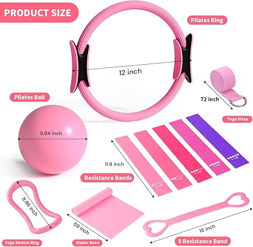 Miniatura 7 de Home Pilates Essentials Kit para mujer Anillo rosa y bola Pilates Set Equipment, Magic Circle con 5 bandas de resistencia Kits de accesorios premium