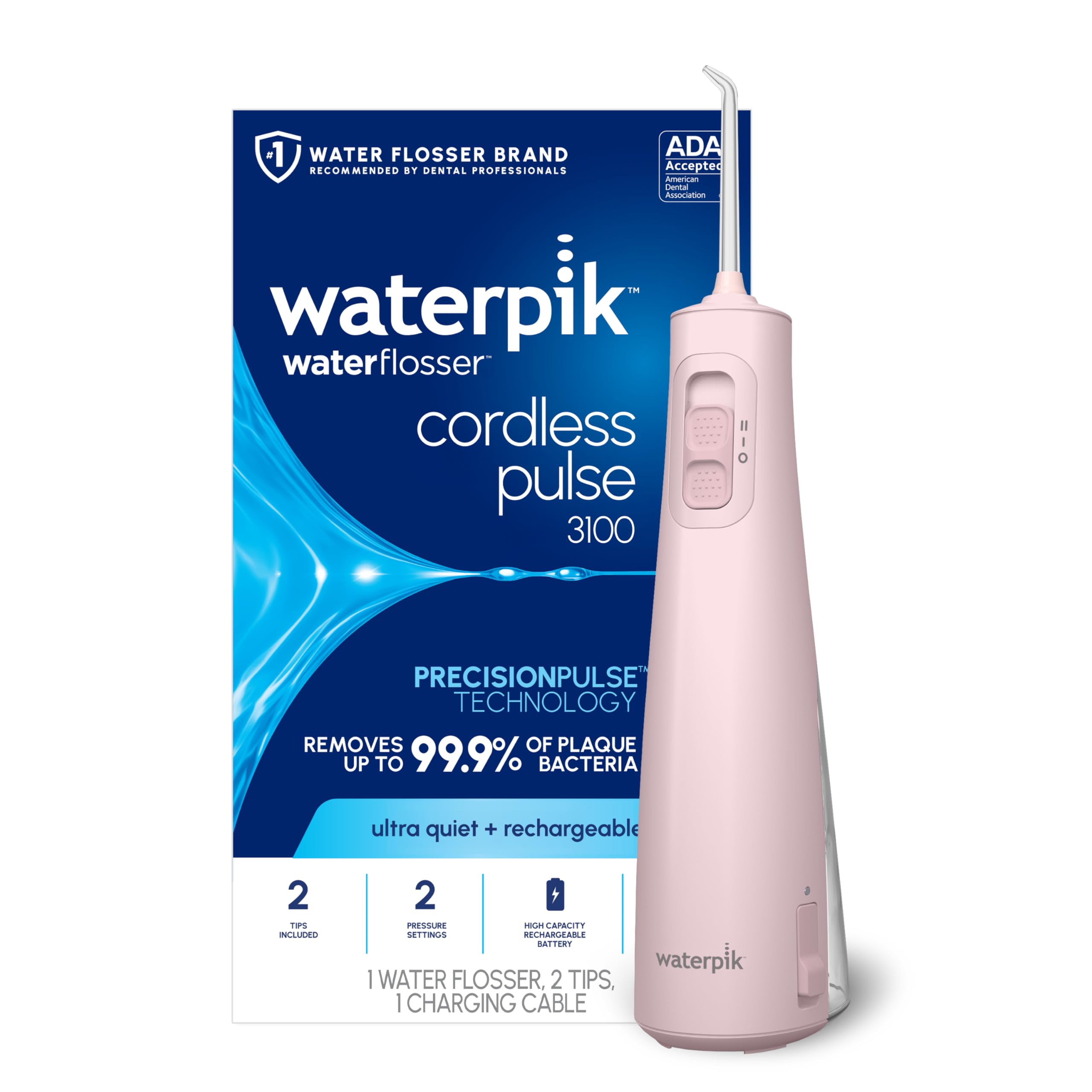 Waterpik Cordless Pulse 3000 - Hilo dental portátil recargable para dientes, encÃas, aparatos ortopédicos y viajes, con 2 puntas de hilo dental, impermeable, aceptado por ADA, WF-20 rosa, el embalaje