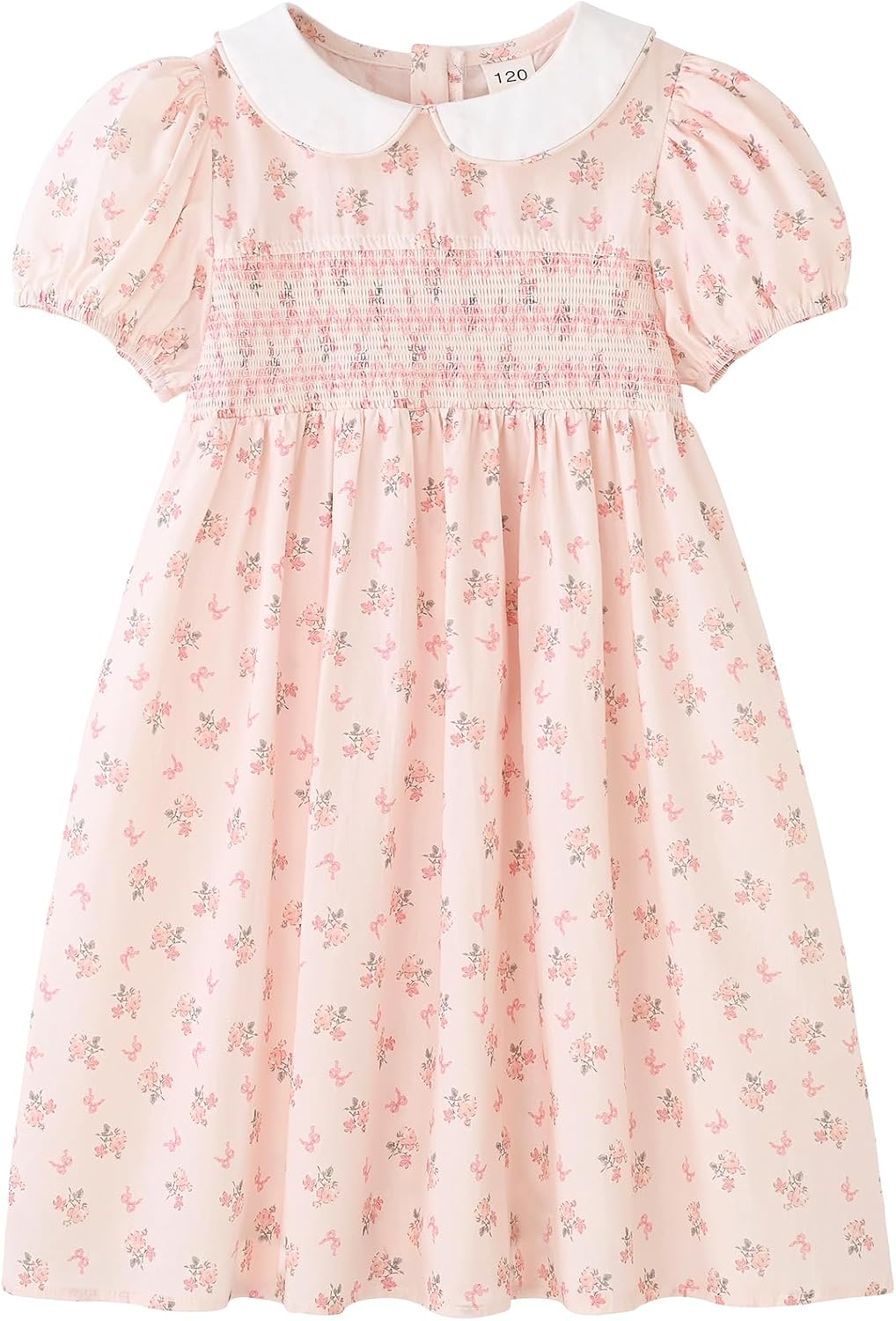 Vintage Smocked Cotton Dress for Toddler & Little Girls Short Sleeve with Peter Pan Collar