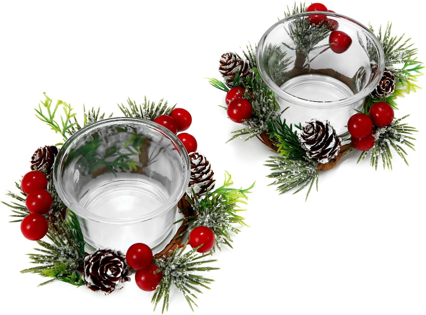 Christmas Votive Candle Holders with Snowy Pinecone Berry Candle Ring, Decorative Glass Tealight Candle Holder Set of 2 for Home, Wedding, Living Room and Bedroom Decor(Exclude Candles)