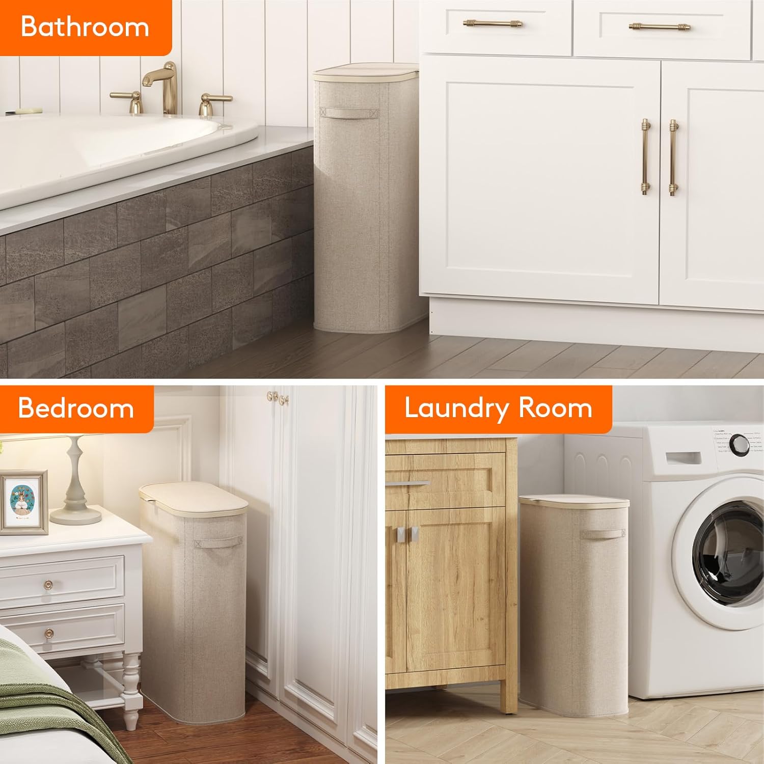 Lifewit 65L Slim Laundry Basket with Lid, Narrow Large Laundry Hamper with Plastic Handles and Removable Bag, Tall Foldable Dirty Clothes Hampers for Laundry Room, Bedroom, Bathroom, Dorm, Beige - Image 9